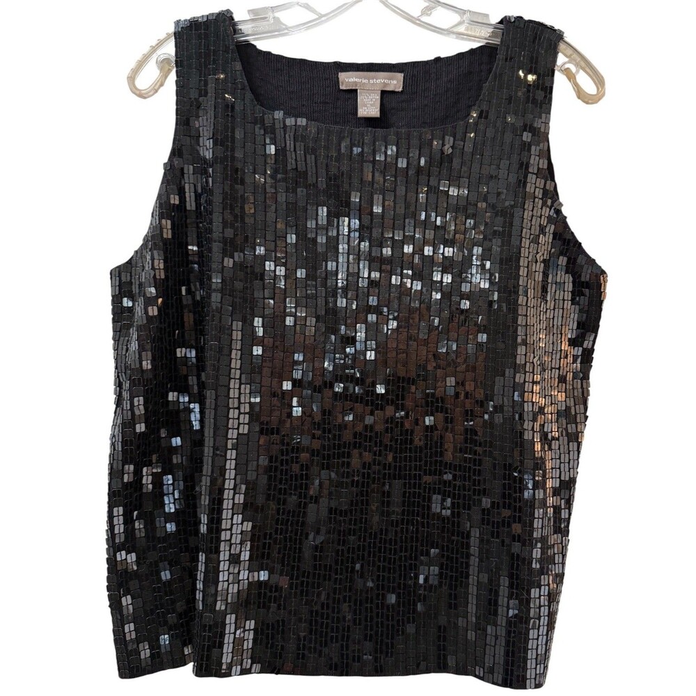 Valerie Stevens Silk Blend Sequined Bling Sleeveless Top Size XL Black Party Fun